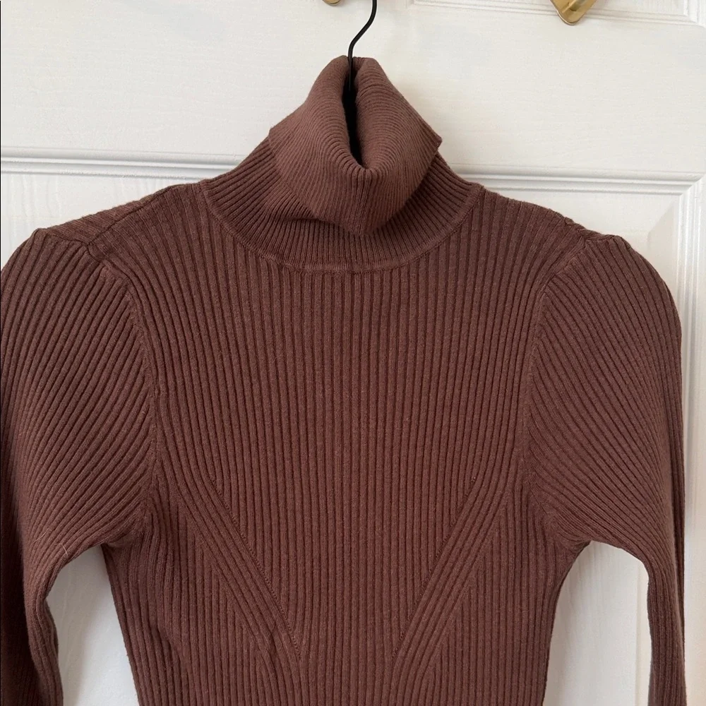 QED London Long Sleeve Ribbed Dress in Brown - Picture 3 of 5